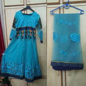 Long Blue Net Embroidered Maxi (Size: M ) | Women Froks & Maxis | Worn Once