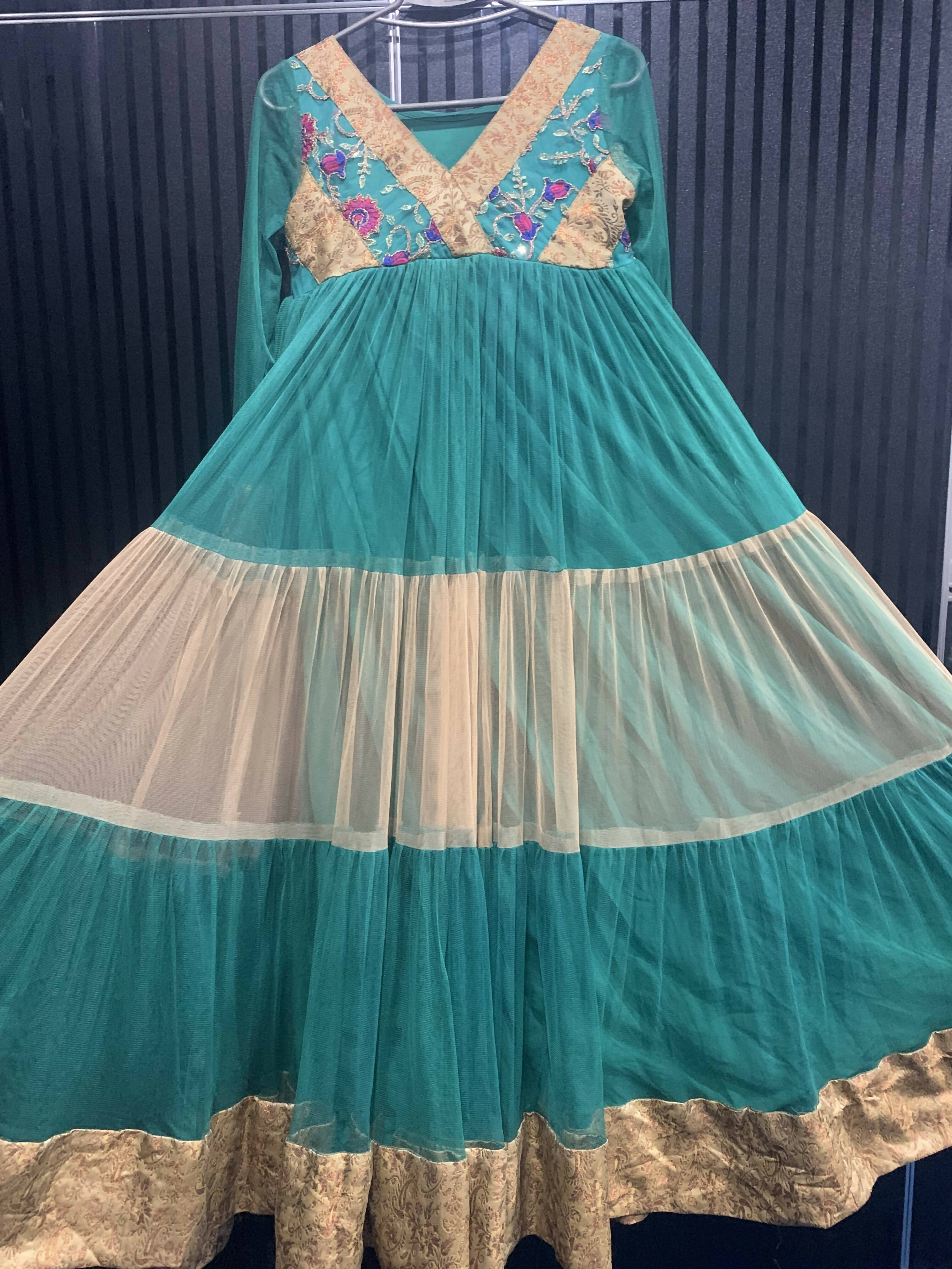 Sea green and skin Long Flairy frock with layers (size: M) | Women Formals | Worn Once