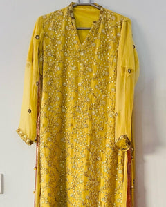 Yellow 3 piece chiffon fancy suit | Women Kurta | Worn Once