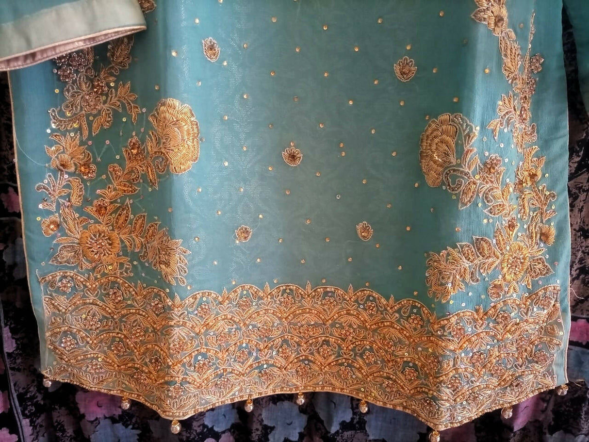 AK collection | Blue Embroidered 3 PC chiffon Suit | Women Branded Formals | Medium | New