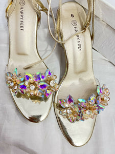 Beautiful Golden Crystal Heels Size (38) | Women Shoes | Preloved