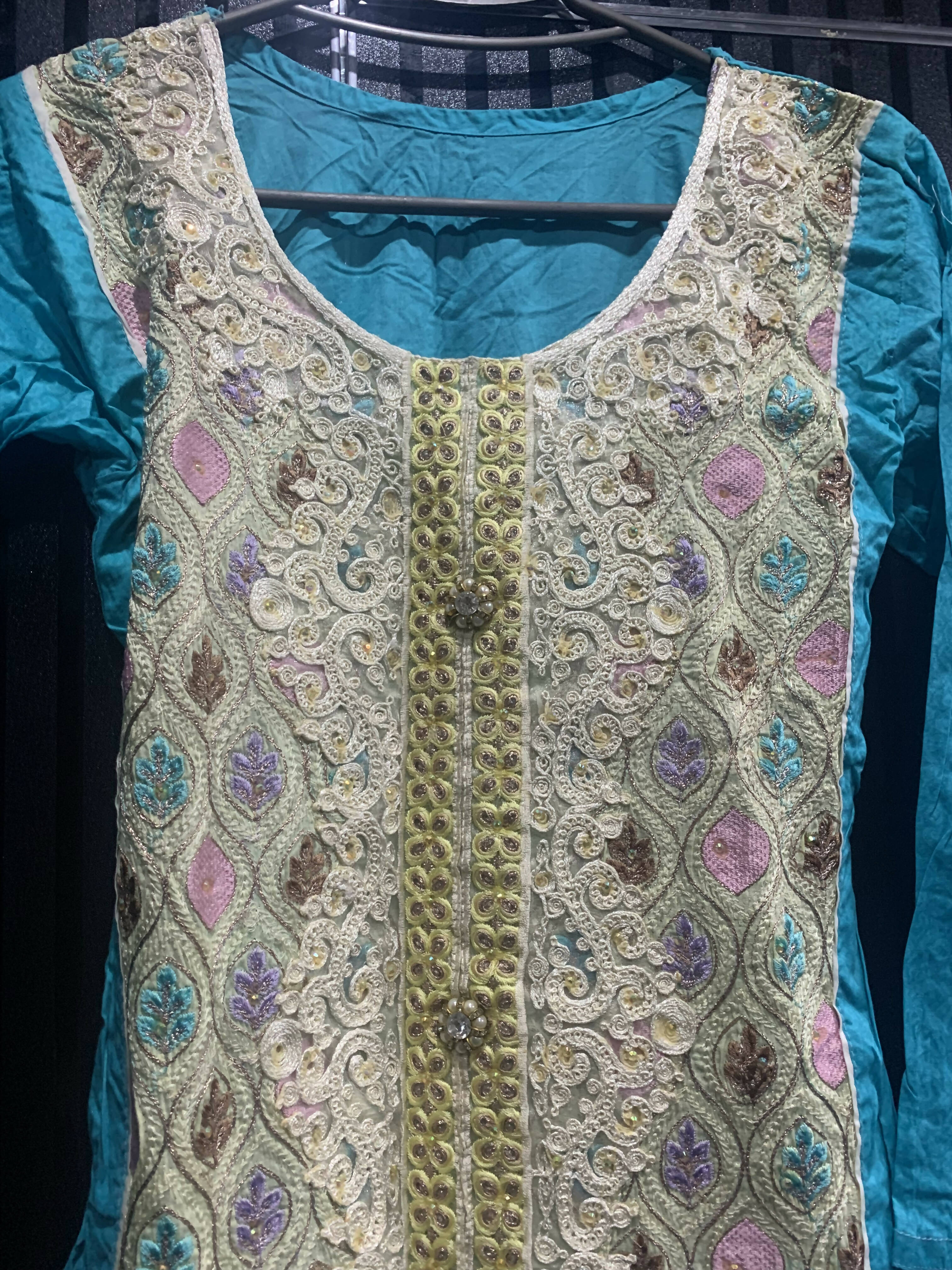 3Pc Sky blue Embroidered Frock (size: M) | Women Formals| Worn Once.