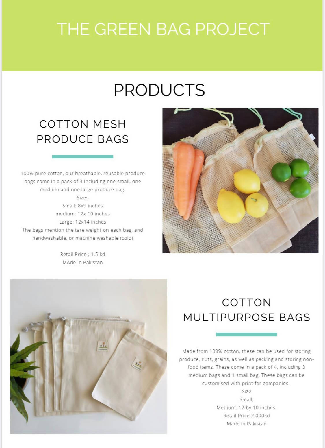 GREEN BAG PROJECT | COTTON MESH PRODUCE BAGS | SET OF 3 | BRAND NEW