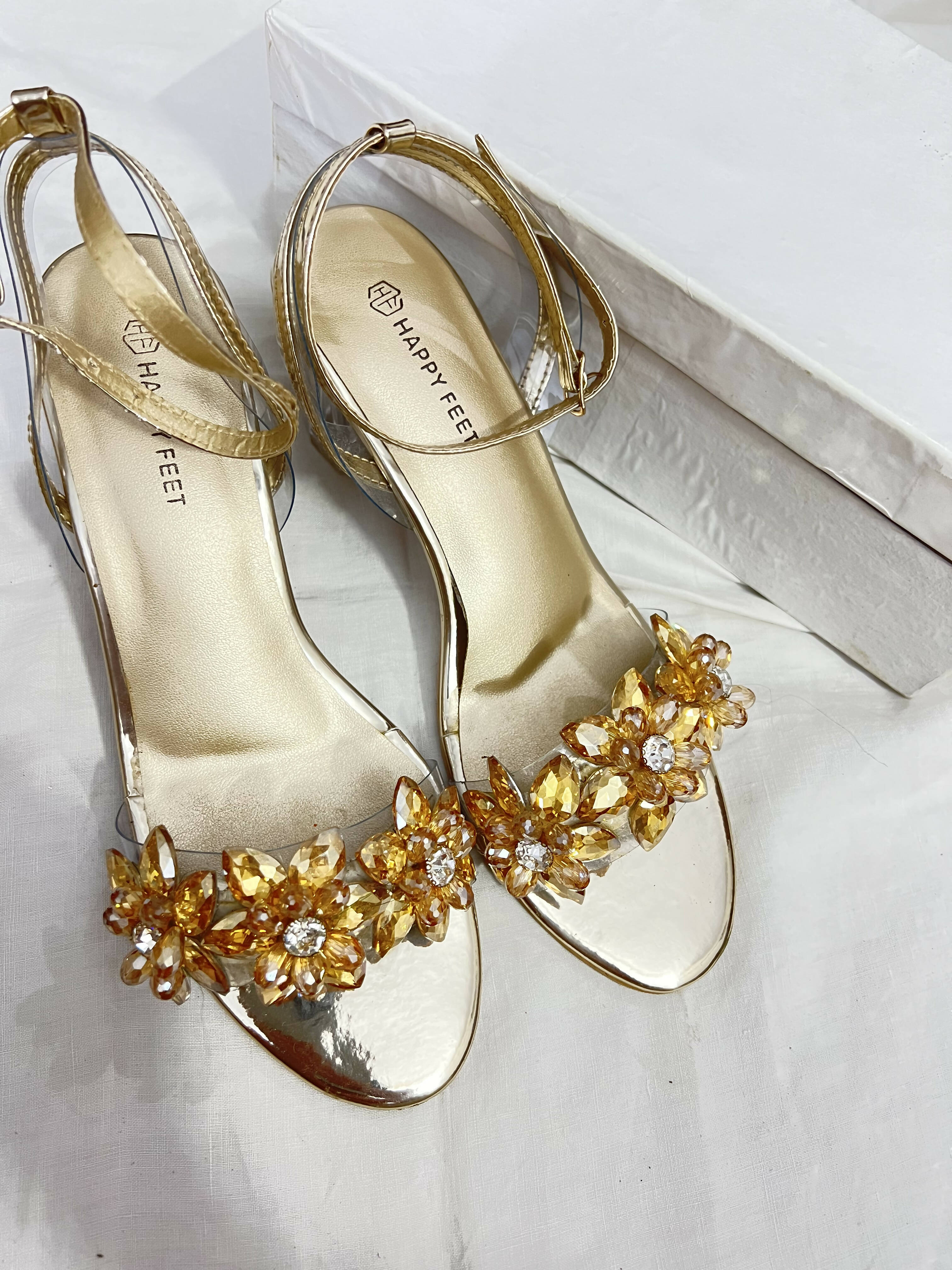 Beautiful Golden Crystal Heels Size (39) | Women Shoes | Preloved