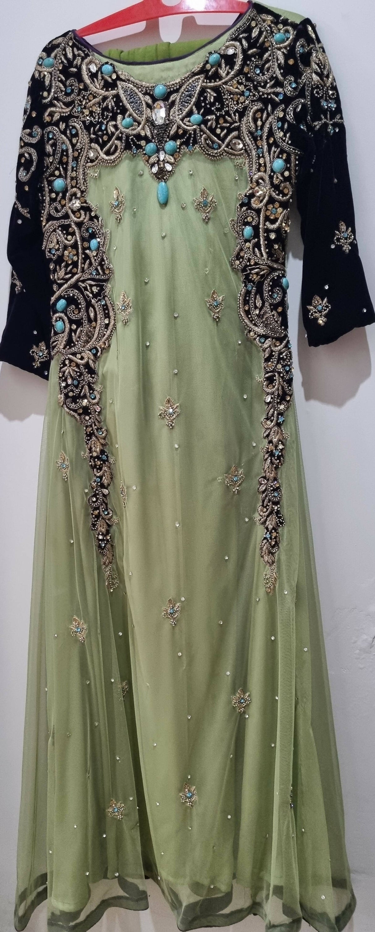 Pista green and dark purple long frock | Women Frocks & Maxis | Small | Preloved