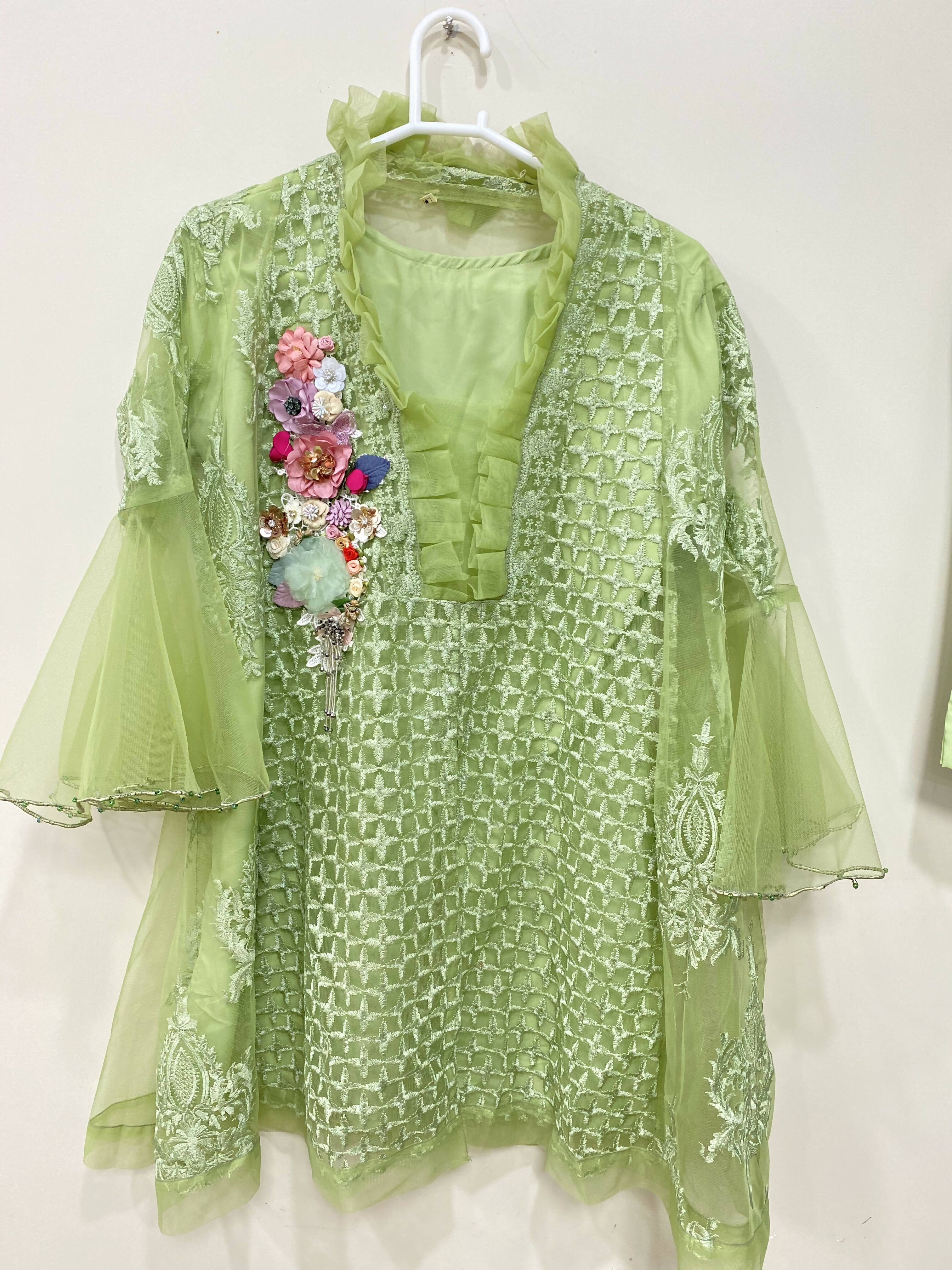 Green Net Frock 3 Piece Suit | Women Formals | Preloved