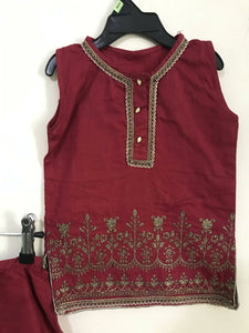 Maroon embroidered kurta with culotte | Girls Shalwar Kameez | Size: 5-12 months | Worn Once