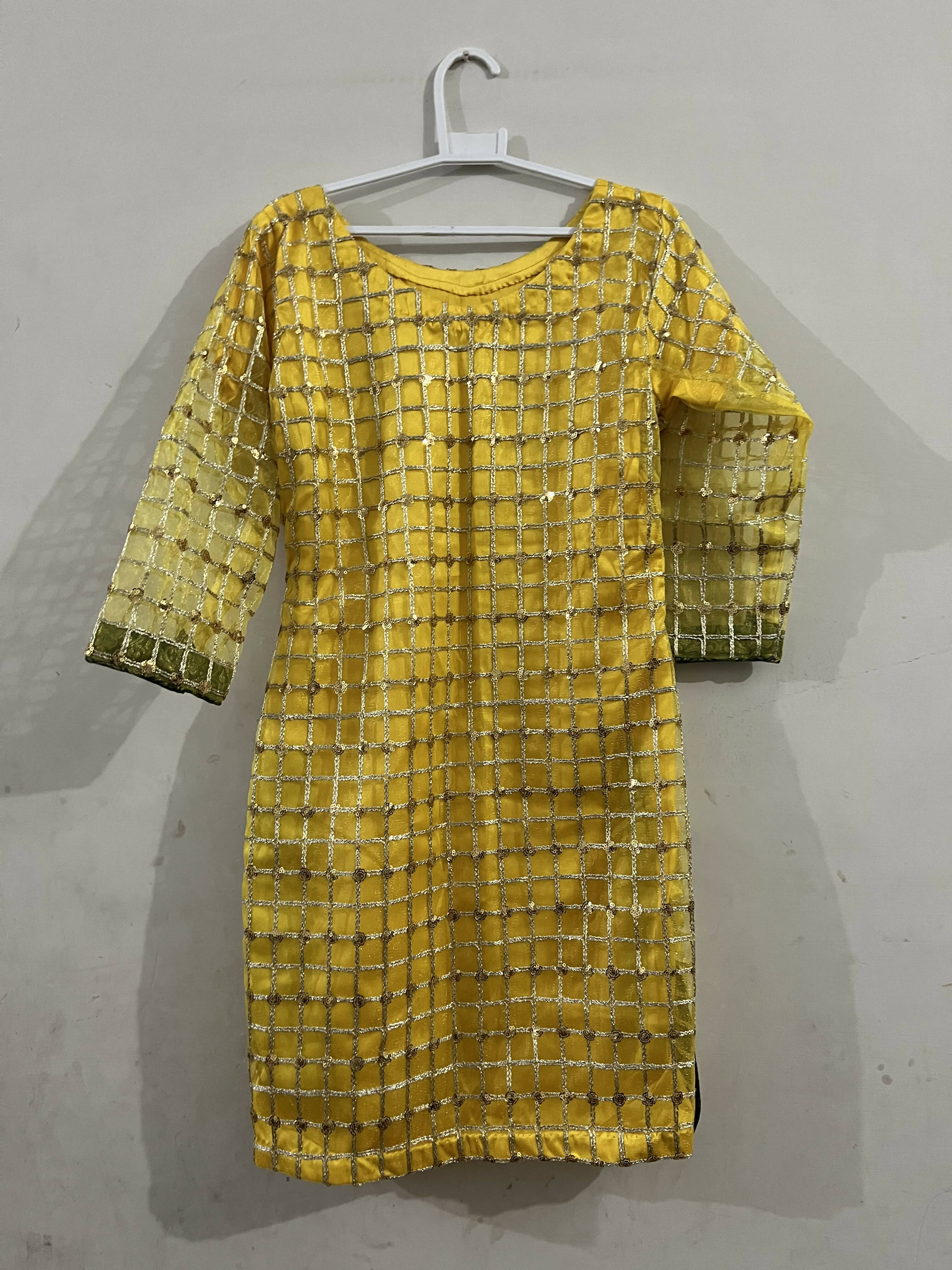 Yellow Net Kameez with Capri Shalwar| Formal wear For woman | Women Shalwar & Kameez | New