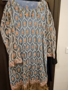 Bareeze | Greyish Blue Net Suit | Women Branded Formals | X-Large | Worn Once