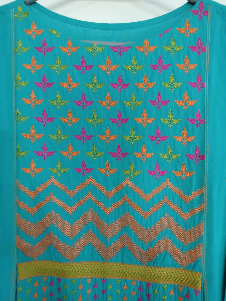 Turquoise Multi-color Embroidered Kurta | Women Locally Made Kurta | Small | New