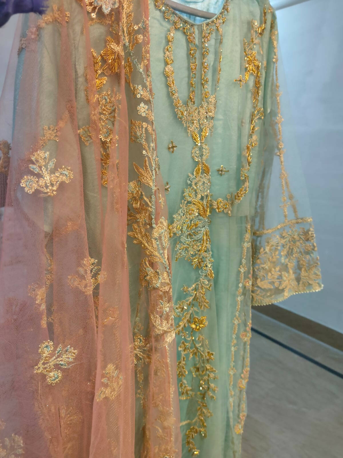 Light Blue Long Maxi with Pink Embroidery (Size: S ) | Women Formals | Worn Once