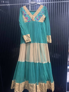 Sea green and skin Long Flairy frock with layers (size: M) | Women Formals | Worn Once