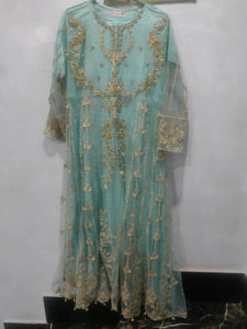 Light Blue Long Maxi with Pink Embroidery (Size: S ) | Women Formals | Worn Once