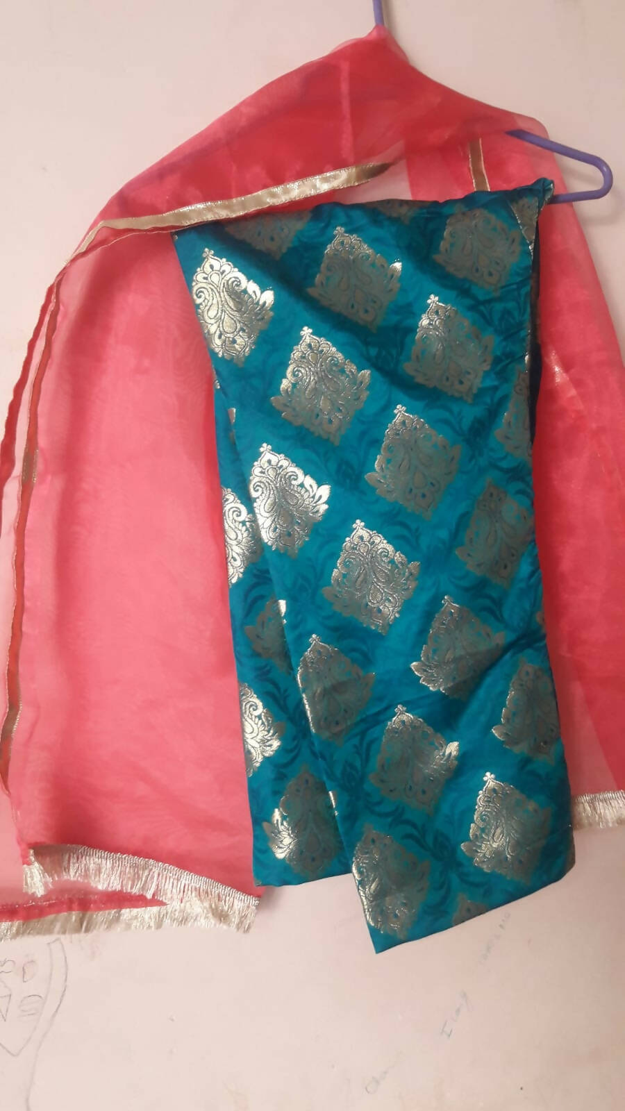 Gold Frock, Sea Green Trouser & Pink Dupatta | Girls Shalwar Kameez | Brand New