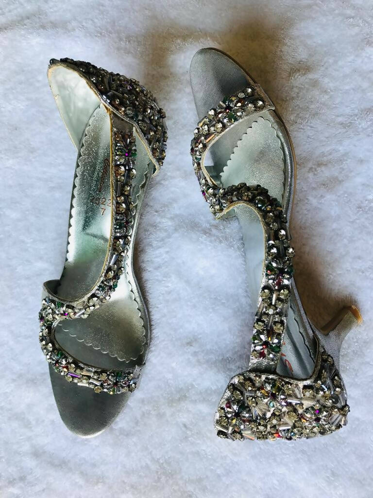silver embroidered heels