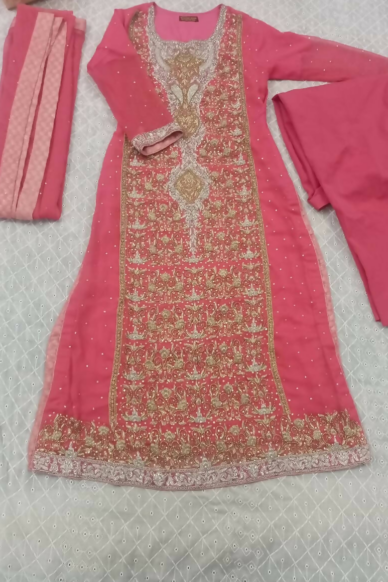 Mohsin Sons | Embroided Chiffon Dress | Women Branded Formals | Small | Preloved