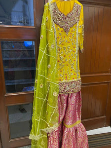 Yellow Green Pink Gharara Shirt Dupatta | Women Formals | Worn Once