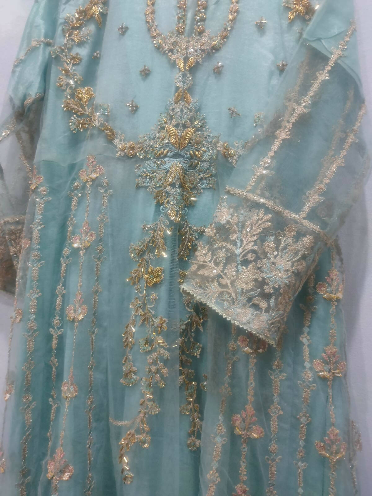 Light Blue Long Maxi with Pink Embroidery | Women Locally Made Formals | Small | Worn Once