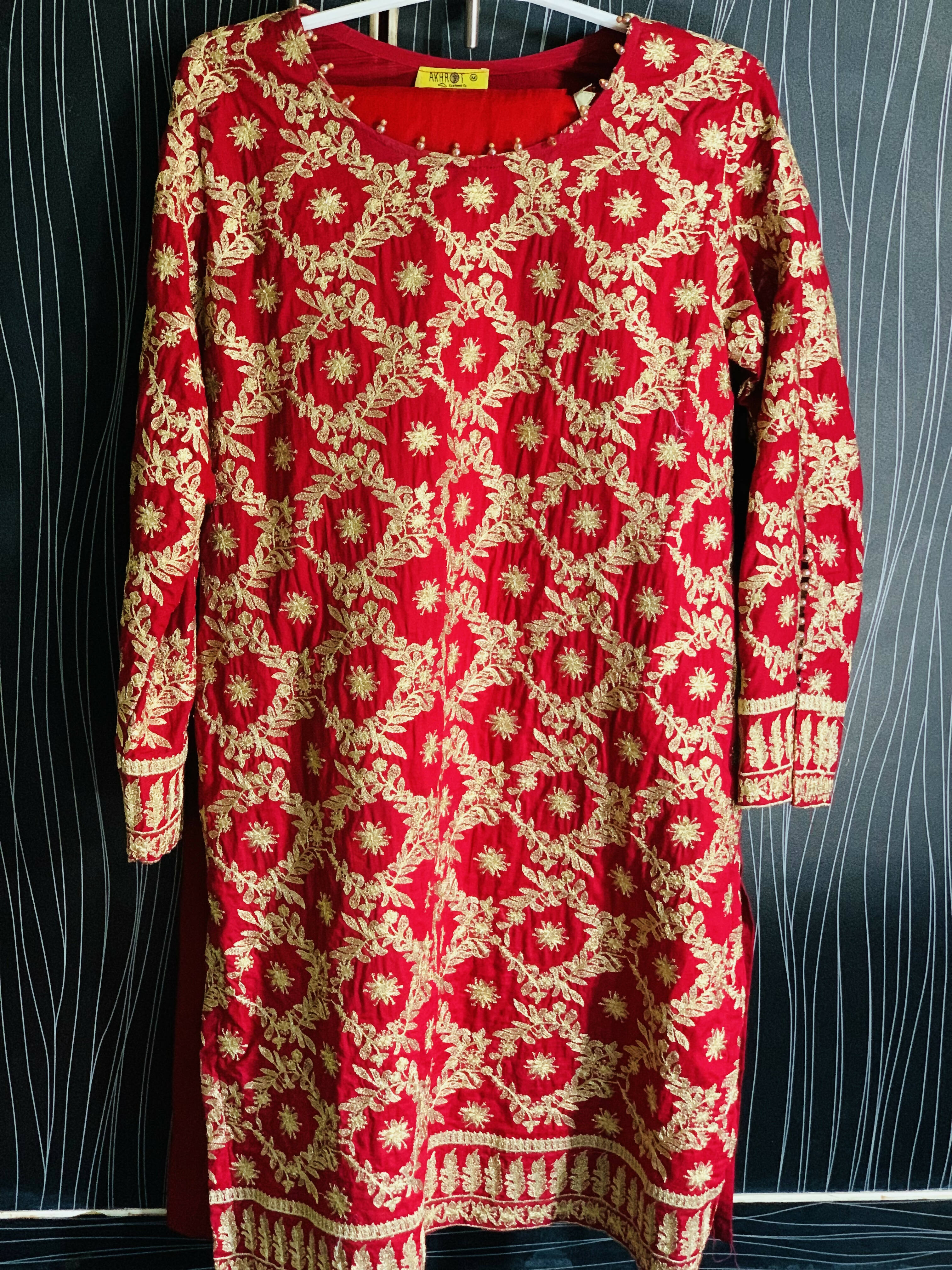 Red Lawn Embroidered Shirt | Women Kurtas | Medium | Preloved