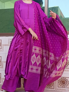 Purple silk frock and trouser with banarasi duppata/3 piece/women/worn once