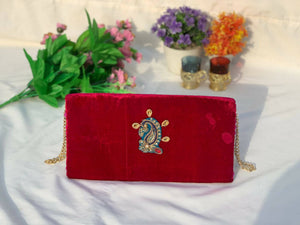 Hand Crafted Red Velvet Clutch Hand Bag With Metal Gold Chain | Women Clutch Bags | New