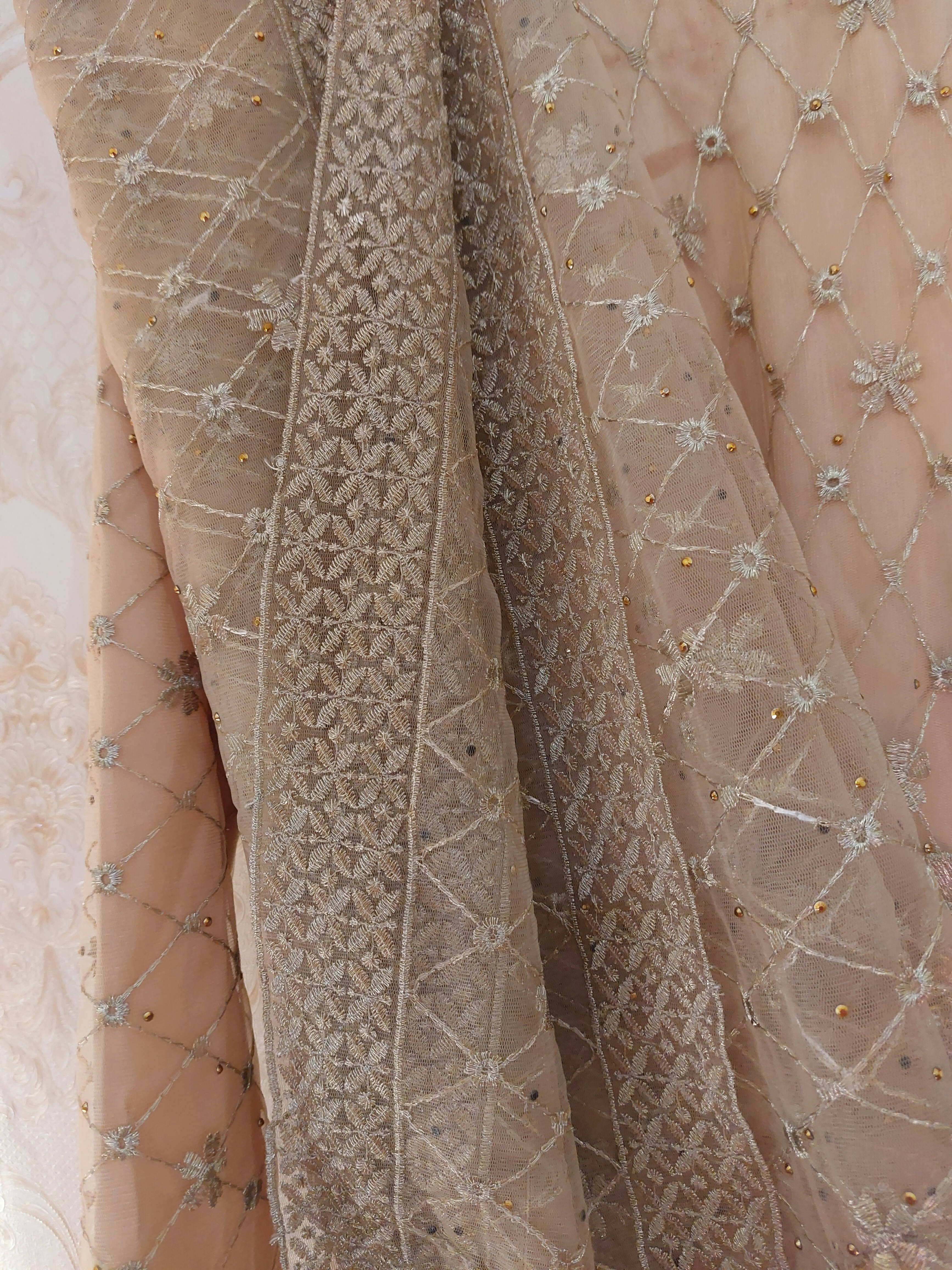 Golden Beige Net Dress ( A-line ) 3 Pc Dress | Women Formals | Medium | Worn Once