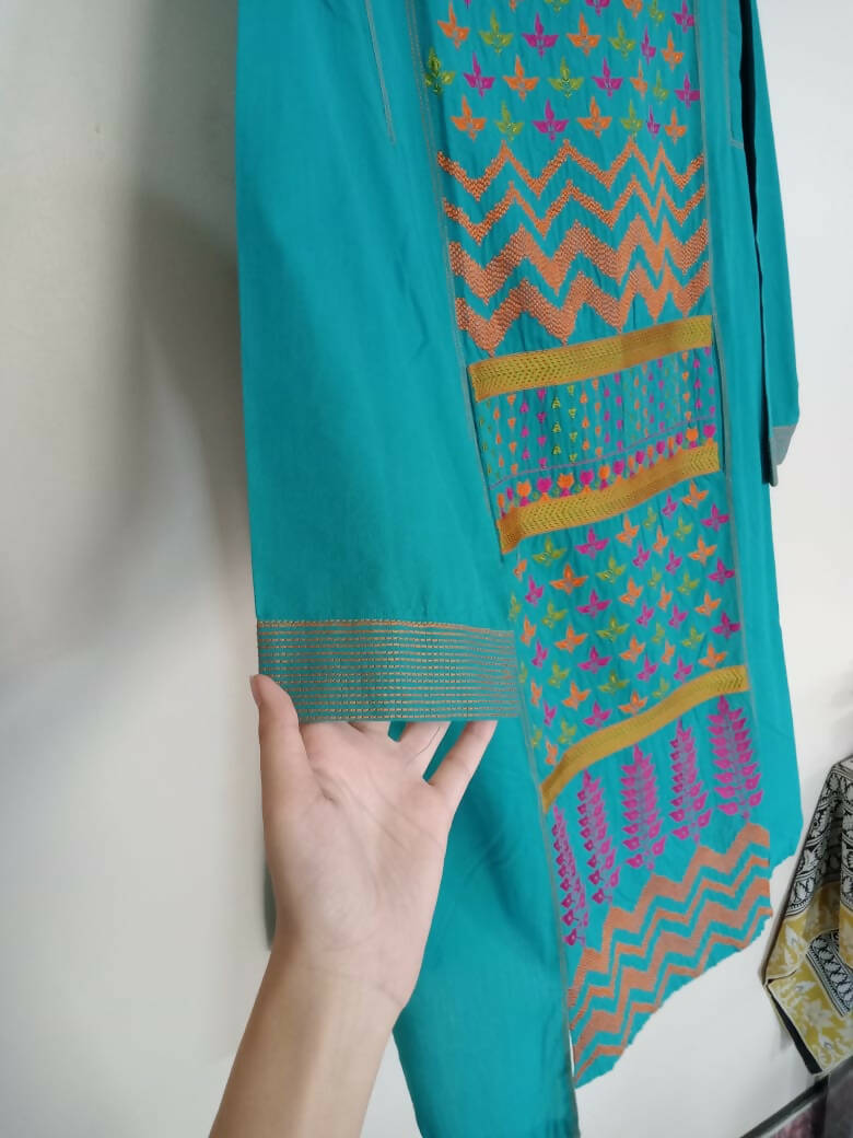 Turquoise Multi-color Embroidered Kurta | Women Locally Made Kurta | Small | New