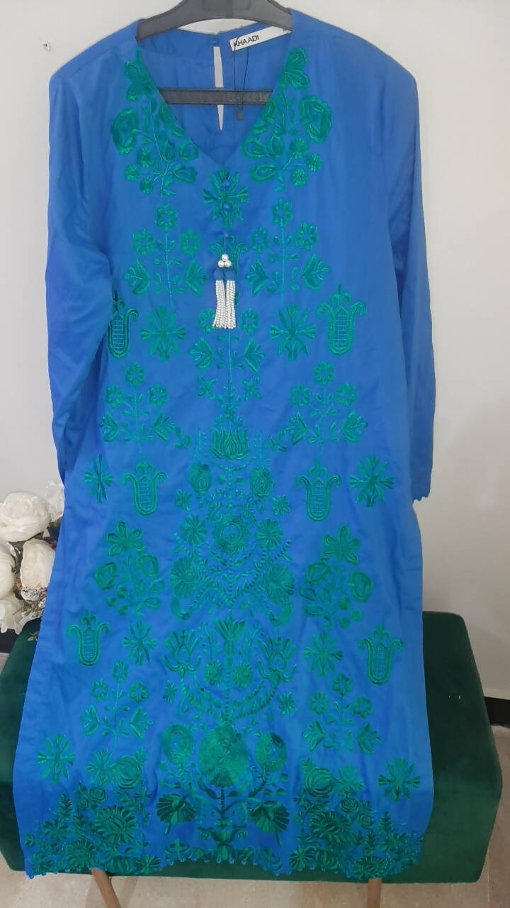 Khaadi | Blue Long Kurta with Green Embroidery (Size: S ) | Women Kurta | Worn Once