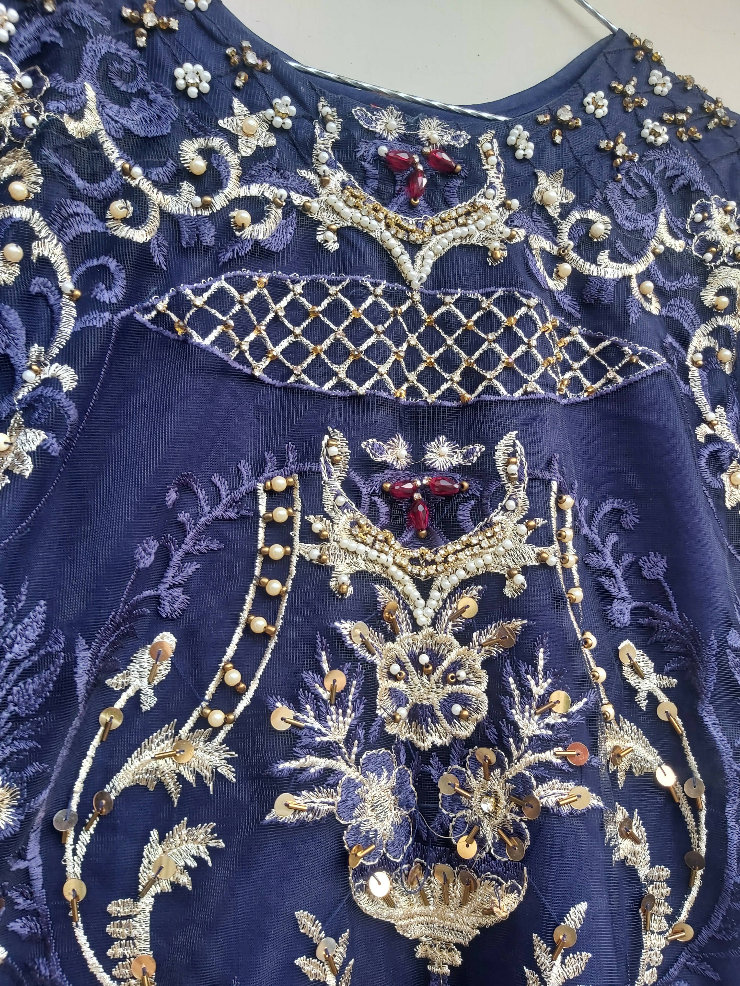 Stylish Navy Blue Emboridred Dress | Women Locally Made Formals | Medium | Preloved