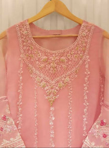 Agha Noor | Pink Gold Stitched 4 Pc Pure Organza Shirt With Dupatta | Women Formals | Medium | New