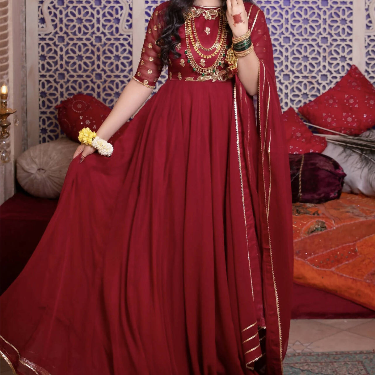 Maron Frock and Dupatta | Women Frocks & Maxis | Small | Worn Once