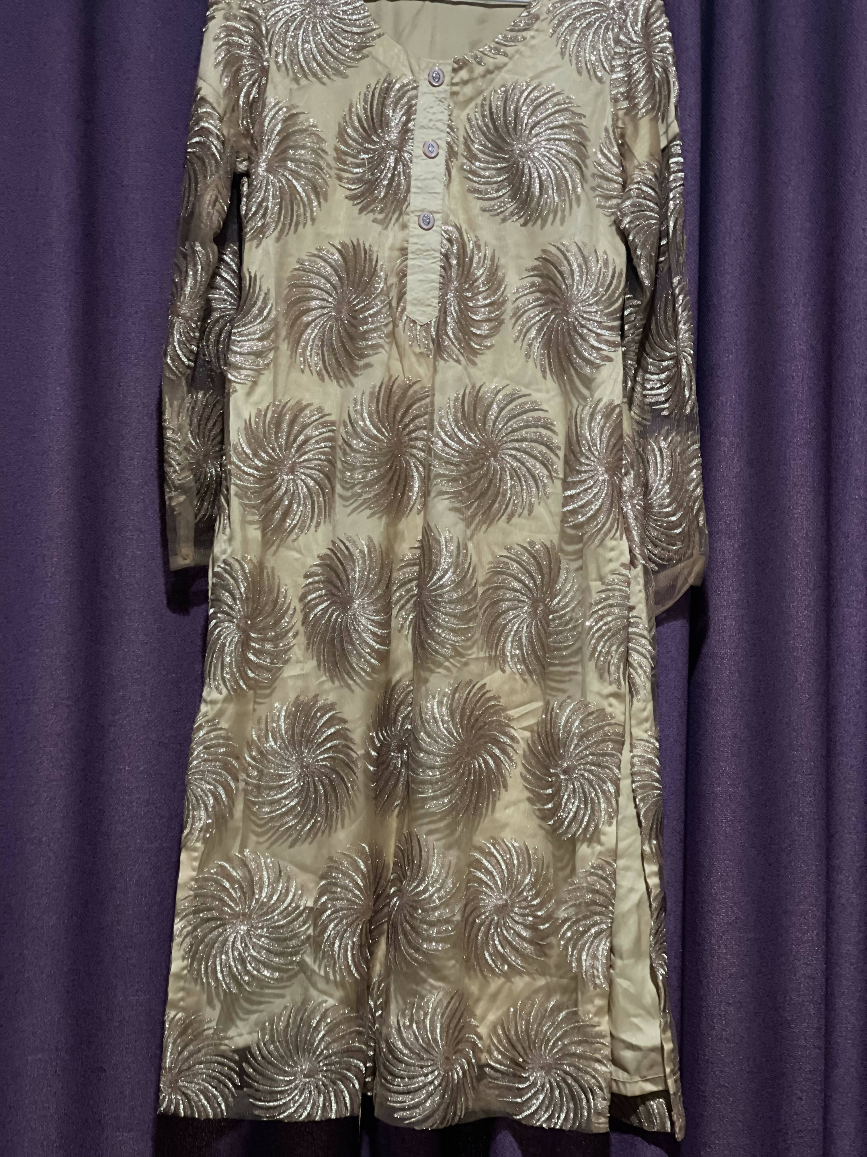 Fancy Golden Shirt With Embroidery | Women Locally Made Kurta | Medium | Worn Once