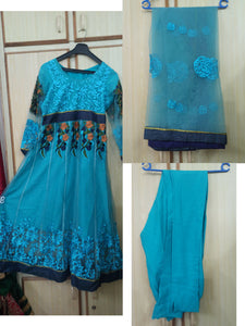 Long Blue Net Embroidered Maxi (Size: M ) | Women Froks & Maxis | Worn Once