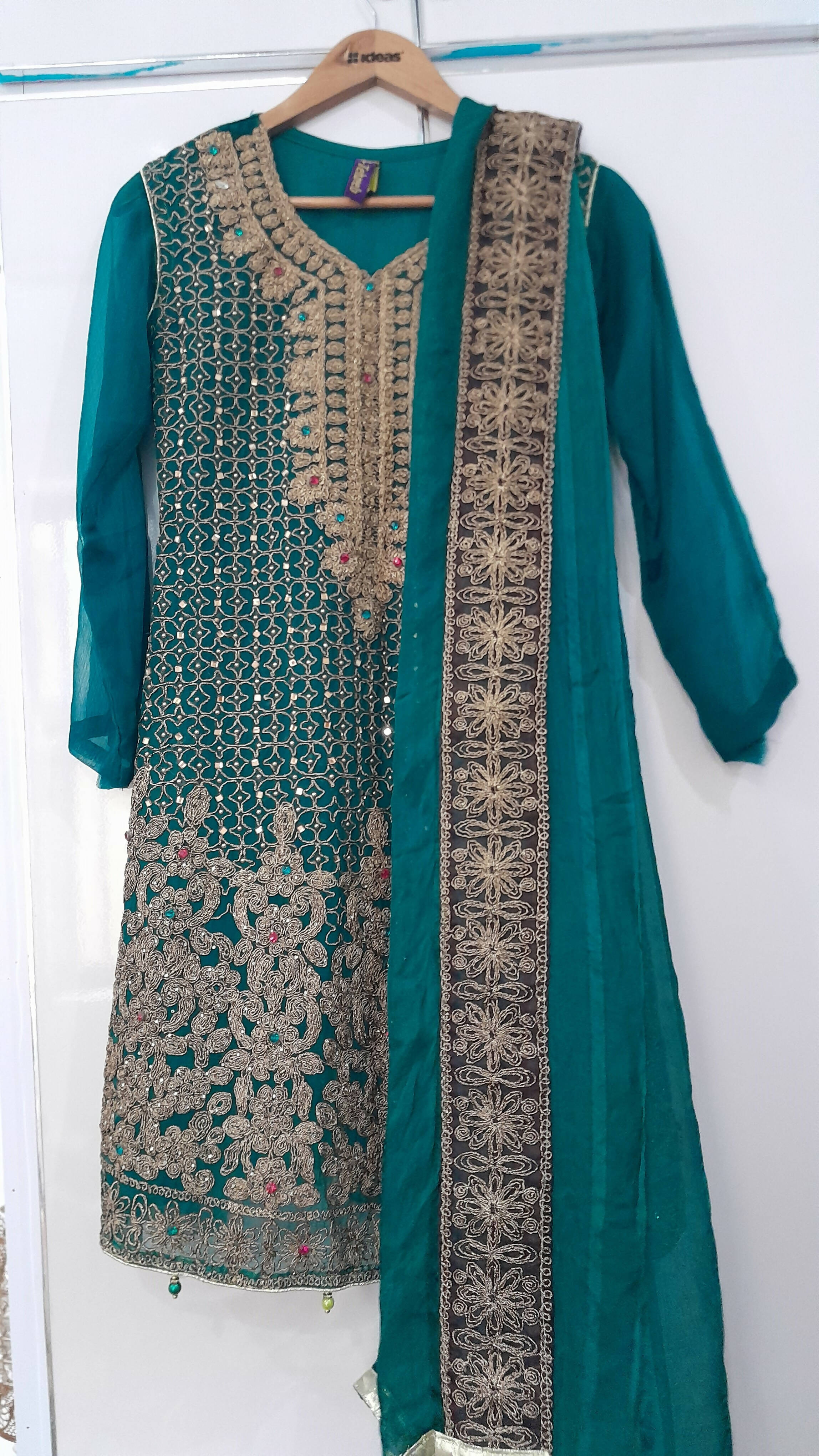 Al-Tehzeeb| Sea-Green Embroidered Aline Frock (Size: S ) | Women Formals | Worn Once