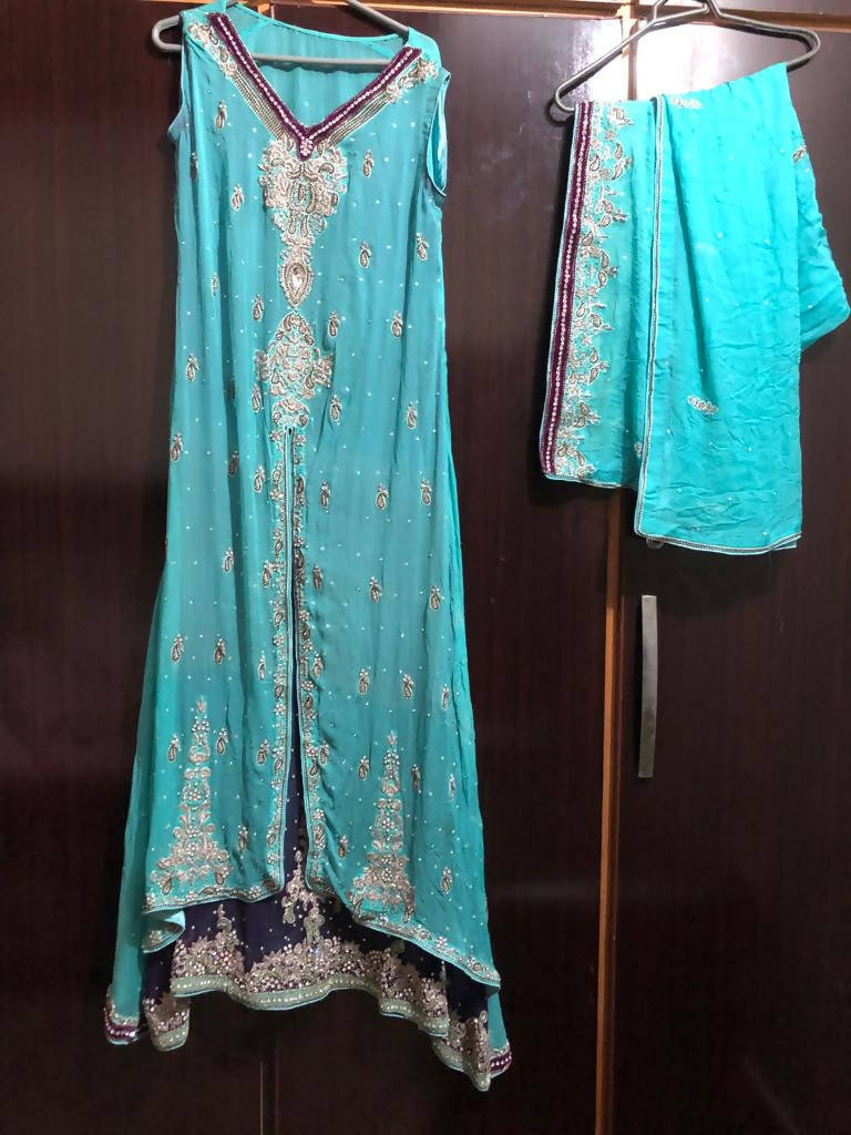 4pcs Blue and purple combo Embroidered gown with inner | Women Frocks & Maxi | Worn Once