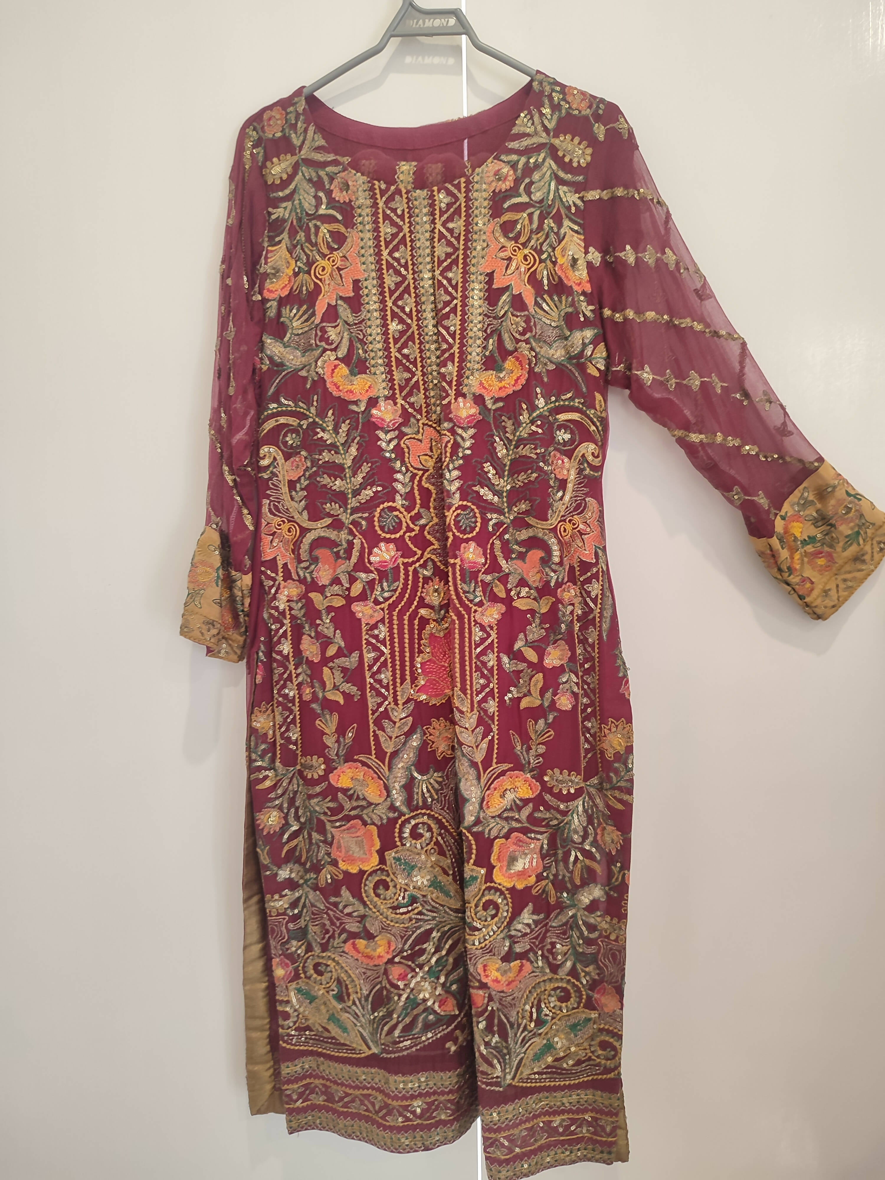 Iznik | Maroon 3Pc Chiffon Dress | Women Branded Formals |Medium |New