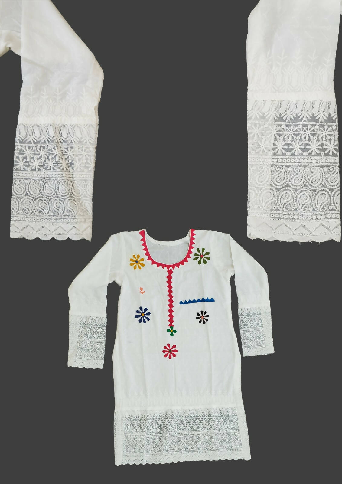 White Chikan Patchwork Shirt | Women Locally Made Kurta | Medium | New