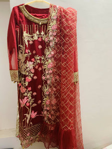 Maroon Fully embroidered suit 3 pc | Women Formals | Preloved