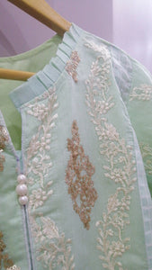 Stylish Embroided Kurti | Soft Organza Mint Green | Women Locally Made Kurta | Small | Preloved