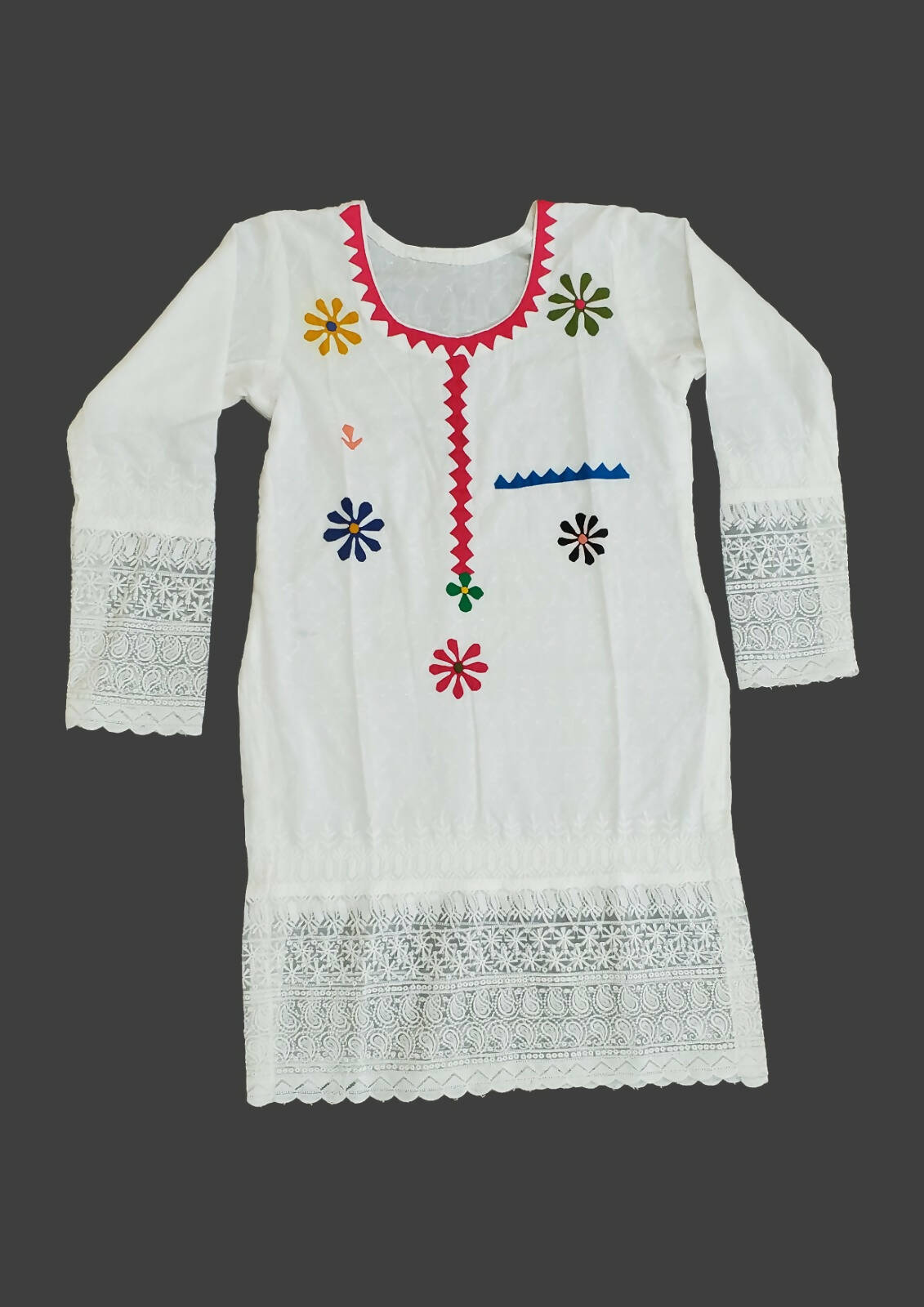 White Chikan Patchwork Shirt | Women Locally Made Kurta | Medium | New