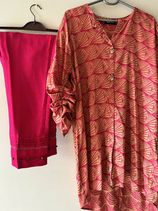 Gul Ahmed | Pink and golden 2 PC Suit | Women Branded Kurta | Worn Once