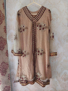 Golden Beige Net Dress 3 Pc | Women Formals | Medium | Worn Once