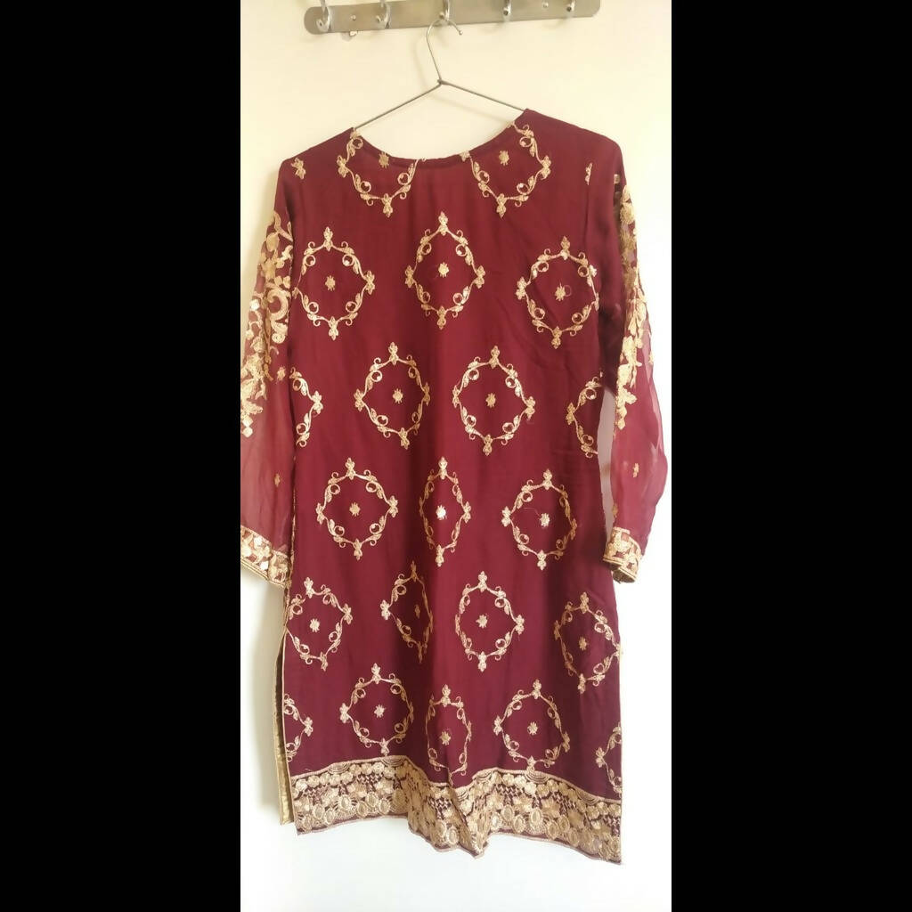 Maroon Red Golden 2 Pc Dress | Women Formals | Medium | New