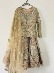 Maryam & Maria brides | Gold Shirt with Full Embroidered, light peach lehenga (SIze: S) | Women Branded Formals | Worn Once