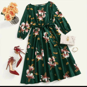 Shein | Green Elastic waist belted floral dress | Women Skirts & Dresses | Worn Once
