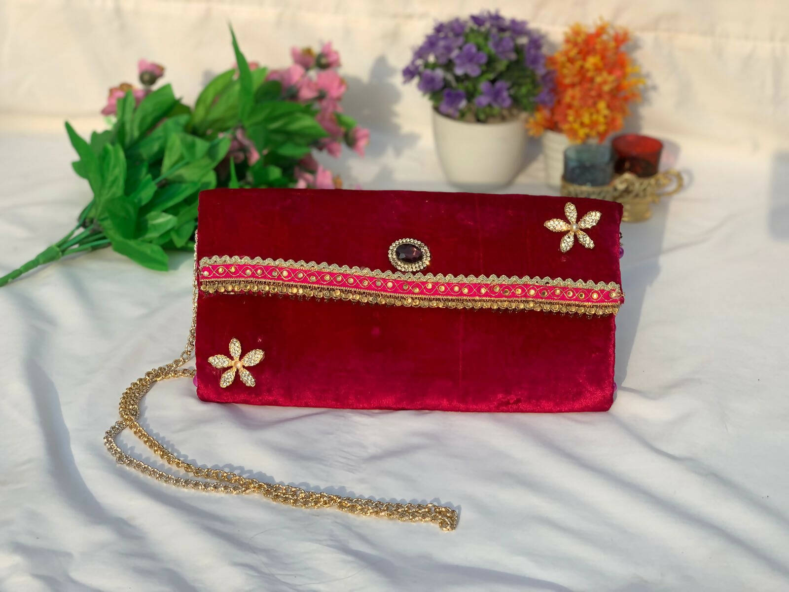 Hand Crafted Red Velvet Clutch Hand Bag With Metal Gold Chain | Women Clutch Bags | New