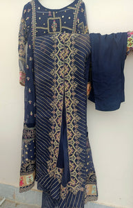 Qalamkar | navy blue embroidered 3pc suit | Women Formals | Worn once