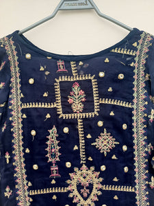 Qalamkar | navy blue embroidered 3pc suit | Women Formals | Worn once