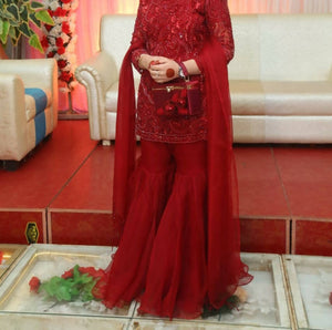 Red pure organza embroidery garha dress | Women Formals | Worn once