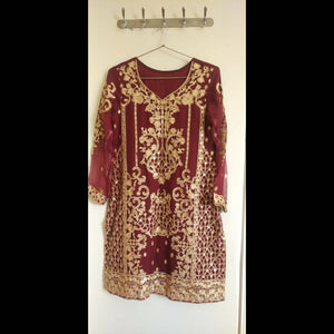 Maroon Red Golden 2 Pc Dress | Women Formals | Medium | New